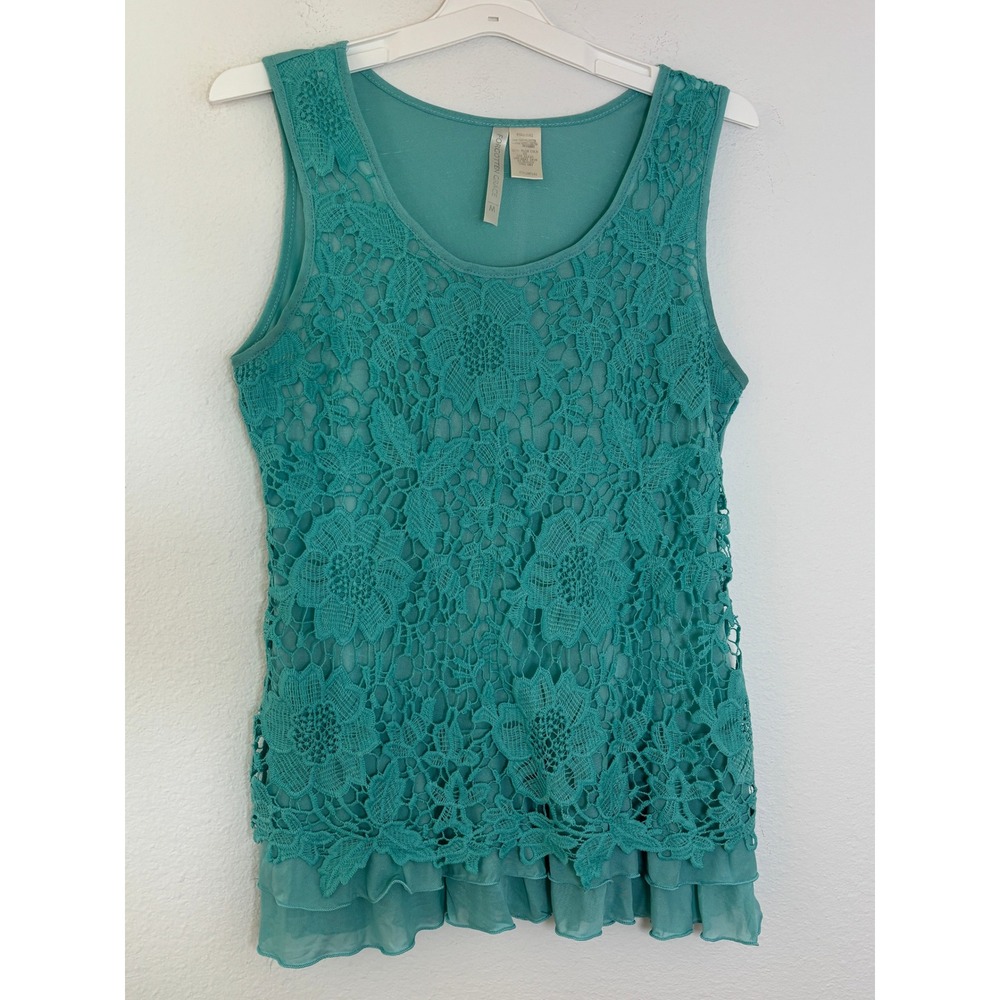 Forgotten Grace Teal Floral Lace Ruffle Hem Tank Top Sleeveless Scoop Neck M